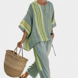 Set od lanenog bambusa s očaravajućom lavandom i detaljima u žutoj pruzi