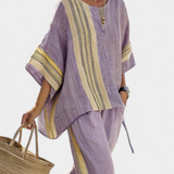 Set od lanenog bambusa s očaravajućom lavandom i detaljima u žutoj pruzi